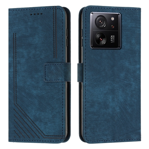 

For Xiaomi 13T / Xiaomi 13T Pro Skin Feel Stripe Pattern Leather Phone Case with Long Lanyard(Blue)