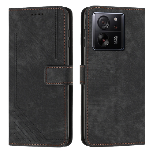 

For Xiaomi 13T / Xiaomi 13T Pro Skin Feel Stripe Pattern Leather Phone Case with Long Lanyard(Black)