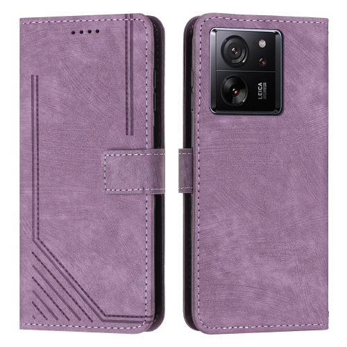 

For Xiaomi 13T / Xiaomi 13T Pro Skin Feel Stripe Pattern Leather Phone Case with Long Lanyard(Purple)