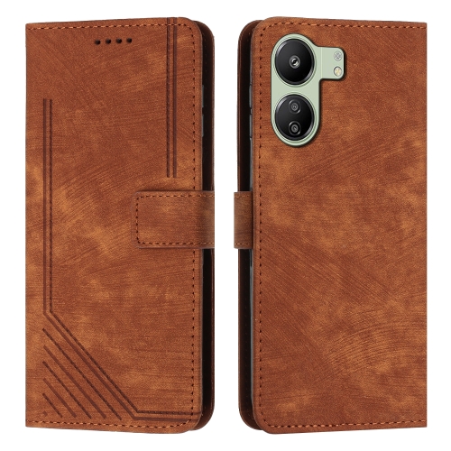 

For Xiaomi Redmi 13C Skin Feel Stripe Pattern Leather Phone Case with Long Lanyard(Brown)