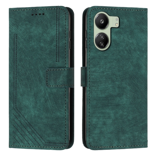 

For Xiaomi Redmi 13C Skin Feel Stripe Pattern Leather Phone Case with Long Lanyard(Green)