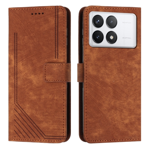 

For Xiaomi Redmi K70E Skin Feel Stripe Pattern Leather Phone Case with Long Lanyard(Brown)