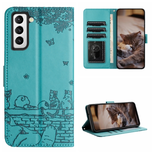 

For Samsung Galaxy S21 Cat Embossing Pattern Leather Phone Case with Lanyard(Blue)