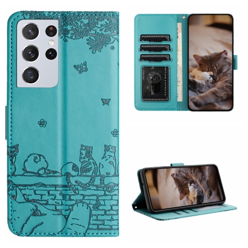 

For Samsung Galaxy S21 Ultra Cat Embossing Pattern Leather Phone Case with Lanyard(Blue)