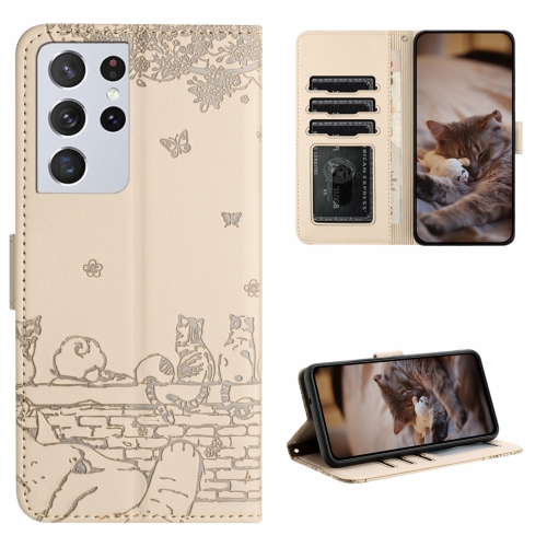 

For Samsung Galaxy S21 Ultra Cat Embossing Pattern Leather Phone Case with Lanyard(Beige)