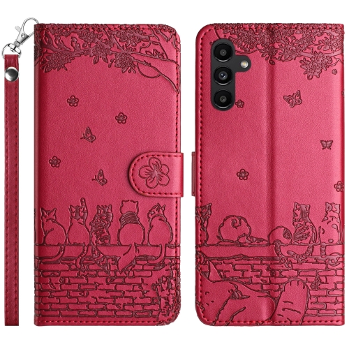 

For Samsung Galaxy S24 Cat Embossing Pattern Leather Phone Case with Lanyard(Red)