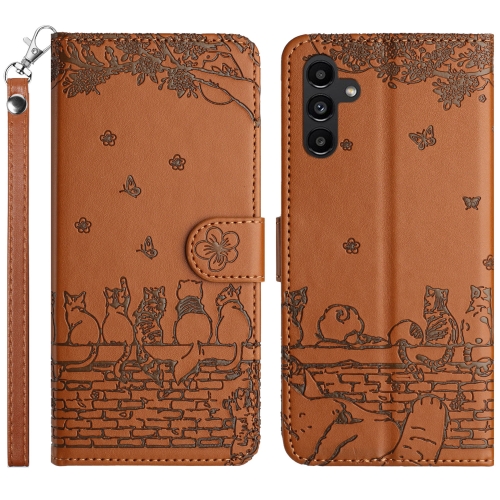 

For Samsung Galaxy S24 Cat Embossing Pattern Leather Phone Case with Lanyard(Brown)