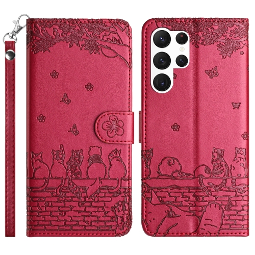 

For Samsung Galaxy S24 Ultra Cat Embossing Pattern Leather Phone Case with Lanyard(Red)