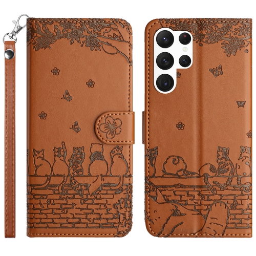 

For Samsung Galaxy S24 Ultra Cat Embossing Pattern Leather Phone Case with Lanyard(Brown)