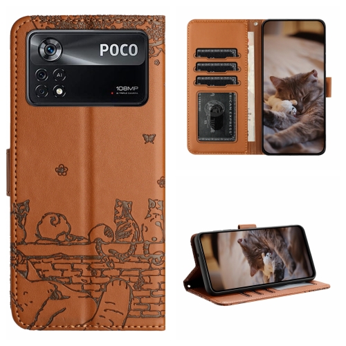 

For Xiaomi Poco X4 Pro 5G Cat Embossing Pattern Leather Phone Case with Lanyard(Brown)