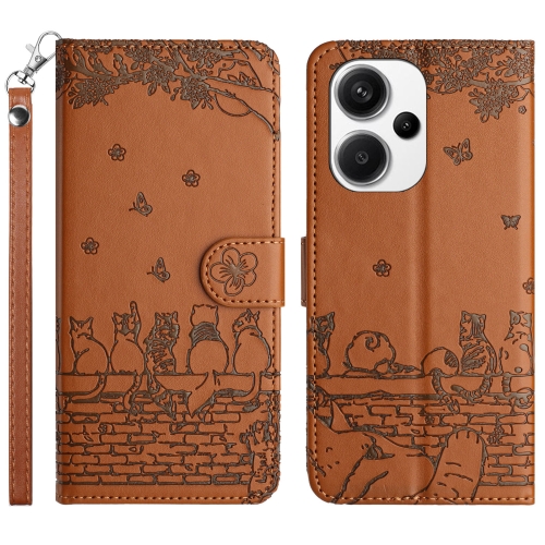 

For Xiaomi Redmi Note 13 Pro+ Cat Embossing Pattern Leather Phone Case with Lanyard(Brown)