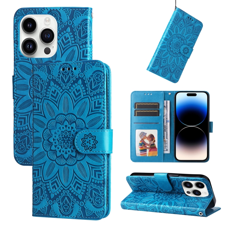 For iPhone 15 Pro Max Embossed Sunflower Leather Phone Case(Blue) 
For iPhone 15 Pro Max Embossed Sunflower Leather Phone Case(Blue)