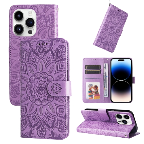 

For iPhone 15 Pro Max Embossed Sunflower Leather Phone Case(Purple)