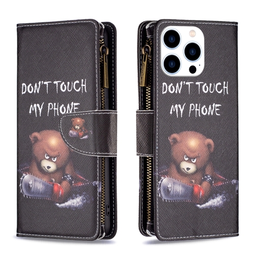 

For iPhone 15 Pro Colored Drawing Pattern Zipper Phone Leather Case(Bear)