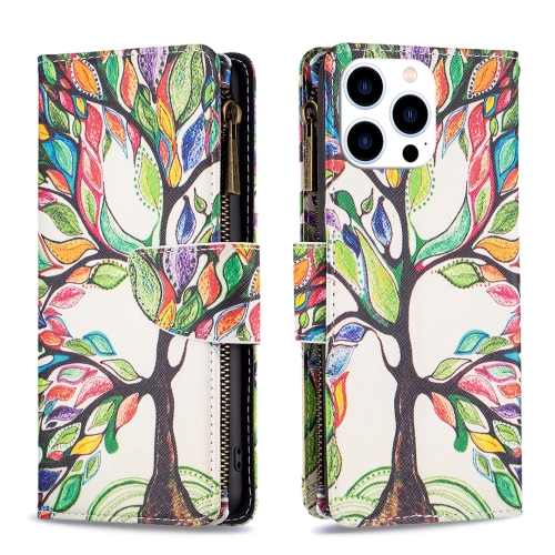 

For iPhone 15 Pro Colored Drawing Pattern Zipper Phone Leather Case(Tree)
