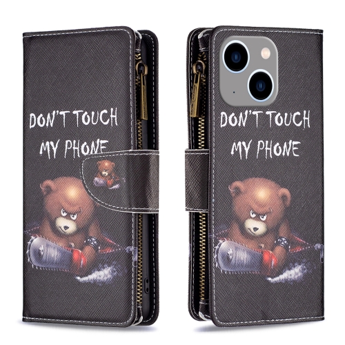 

For iPhone 15 Plus Colored Drawing Pattern Zipper Phone Leather Case(Bear)