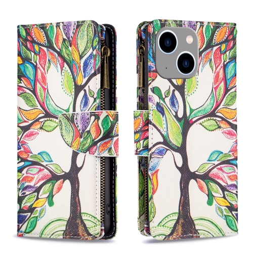 

For iPhone 15 Plus Colored Drawing Pattern Zipper Phone Leather Case(Tree)