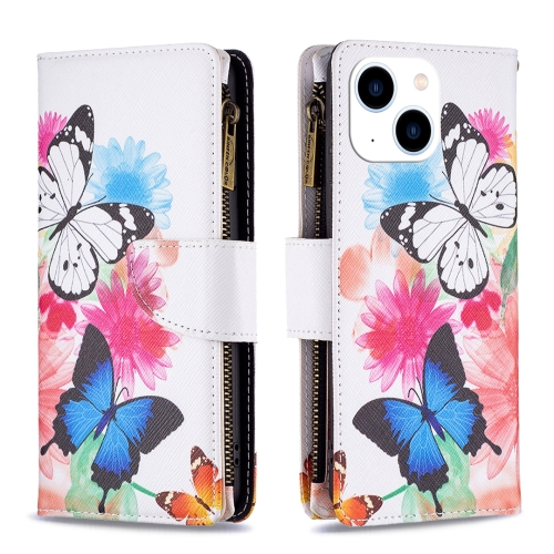 

For iPhone 15 Colored Drawing Pattern Zipper Phone Leather Case(Two Butterflies)