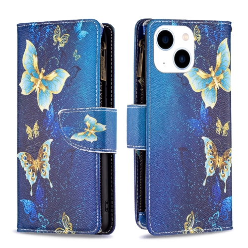 

For iPhone 15 Colored Drawing Pattern Zipper Phone Leather Case(Gold Butterfly)