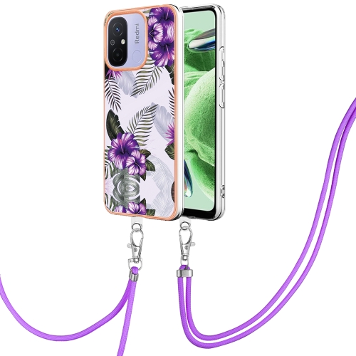 

For Xiaomi Redmi 12C/11A 4G Global Electroplating IMD TPU Phone Case with Lanyard(Purple Flower)