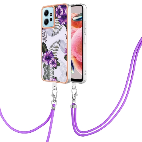 

For Xiaomi Redmi Note 12 4G Global Electroplating IMD TPU Phone Case with Lanyard(Purple Flower)