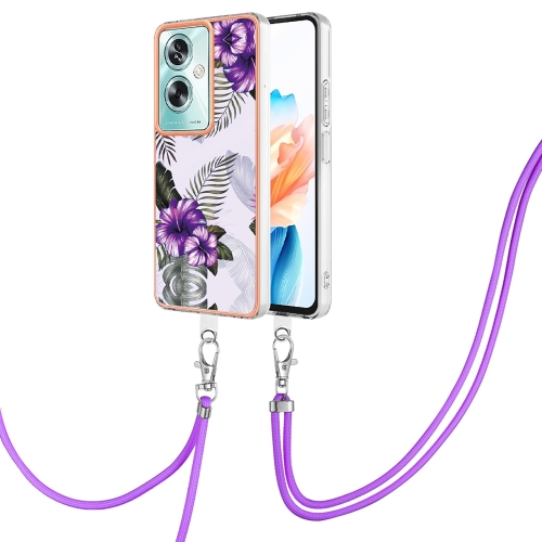 

For OPPO A79 5G Global Electroplating IMD TPU Phone Case with Lanyard(Purple Flower)