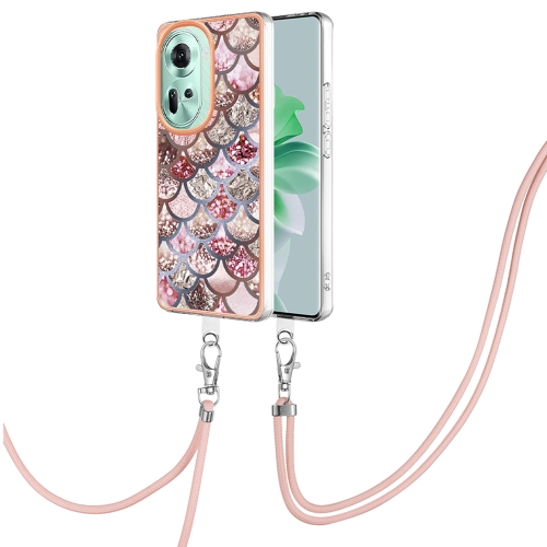 

For OPPO Reno11 5G Global Electroplating IMD TPU Phone Case with Lanyard(Pink Scales)