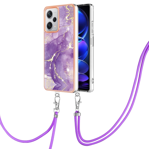 

For Xiaomi Redmi Note 12 Pro+ Global Electroplating Marble Dual-side IMD Phone Case with Lanyard(Purple 002)
