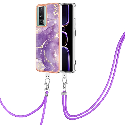 

For Xiaomi Poco F5 Pro 5G / Redmi K60 Electroplating Marble Dual-side IMD Phone Case with Lanyard(Purple 002)