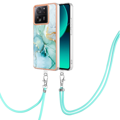 

For Xiaomi 13T/13T Pro Electroplating Marble Dual-side IMD Phone Case with Lanyard(Green 003)