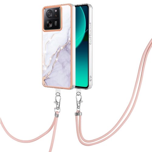 

For Xiaomi 13T/13T Pro Electroplating Marble Dual-side IMD Phone Case with Lanyard(White 006)