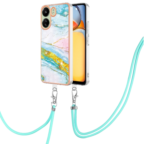 

For Xiaomi Redmi 13C 4G Electroplating Marble Dual-side IMD Phone Case with Lanyard(Green 004)