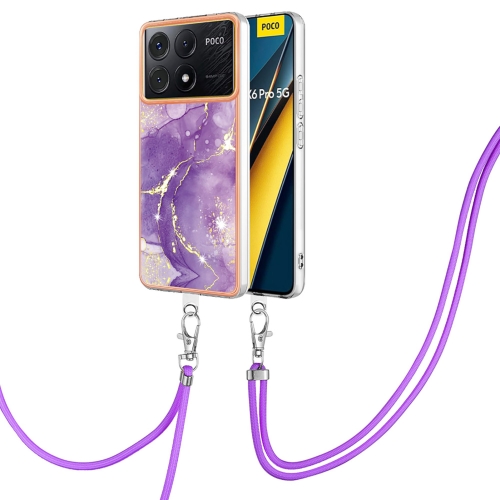 

For Xiaomi Poco X6 Pro Electroplating Marble Dual-side IMD Phone Case with Lanyard(Purple 002)