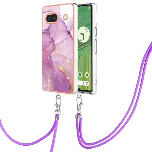 

For Google Pixel 7a Electroplating Marble Dual-side IMD Phone Case with Lanyard(Purple 001)