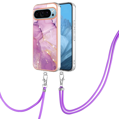 

For Google Pixel 9 Pro Electroplating Marble Dual-side IMD Phone Case with Lanyard(Purple 001)