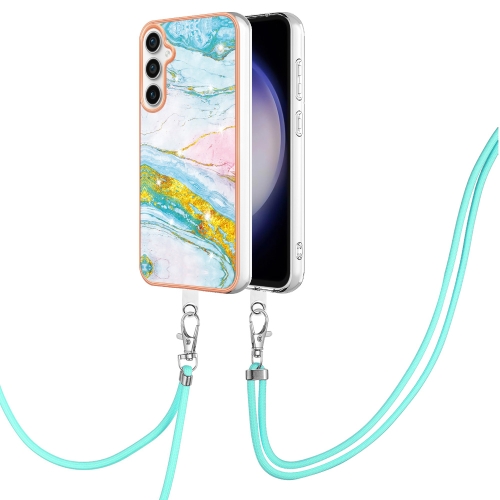 

For Samsung Galaxy S23 FE 5G Electroplating Marble Dual-side IMD Phone Case with Lanyard(Green 004)