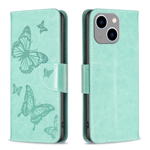 

For iPhone 15 Plus Embossing Two Butterflies Pattern Leather Phone Case(Green)