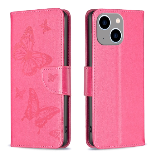 

For iPhone 15 Plus Embossing Two Butterflies Pattern Leather Phone Case(Rose Red)