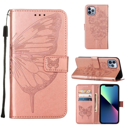 

For iPhone 15 Pro Max Embossed Butterfly Leather Phone Case(Rose Gold)