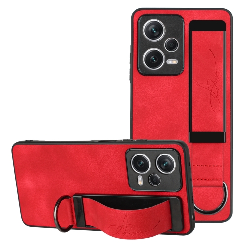 

For Xiaomi Redmi Note 12 Pro 5G Global Wristband Holder Leather Back Phone Case(Red)