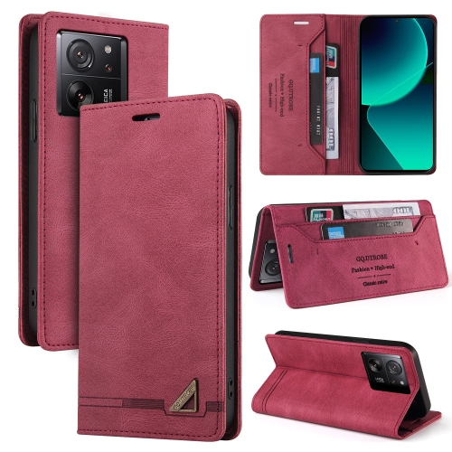 

For Xiaomi 13T Skin Feel Anti-theft Brush Horizontal Flip Leather Case with Holder(Wine Red)