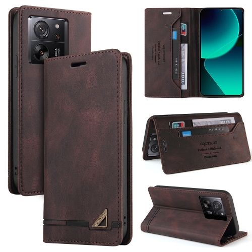 

For Xiaomi 13T Skin Feel Anti-theft Brush Horizontal Flip Leather Case with Holder(Brown)