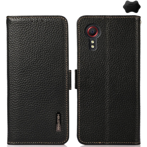 

For Samsung Galaxy Xcover7 KHAZNEH Side-Magnetic Litchi Genuine Leather RFID Phone Case(Black)