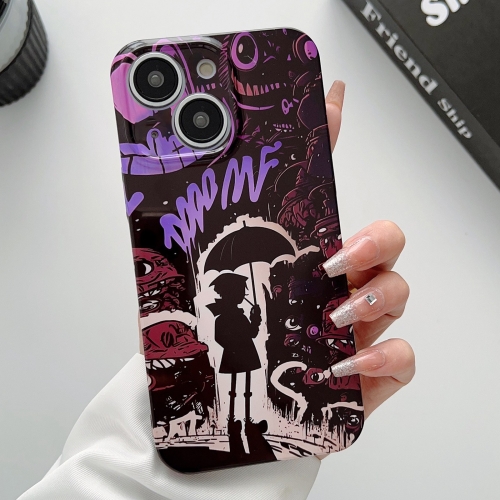 

For iPhone 15 Painted Pattern Precise Hole PC Phone Case(Black Purple Umbrella Boy)