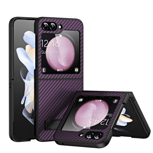 

For Samsung Galaxy Z Flip5 Carbon Fiber Texture Glass Panel Phone Case with Holder(Dark Purple)