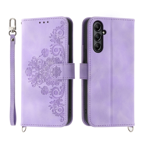 

For Samsung Galaxy A25 5G Skin-feel Flowers Embossed Wallet Leather Phone Case(Purple)