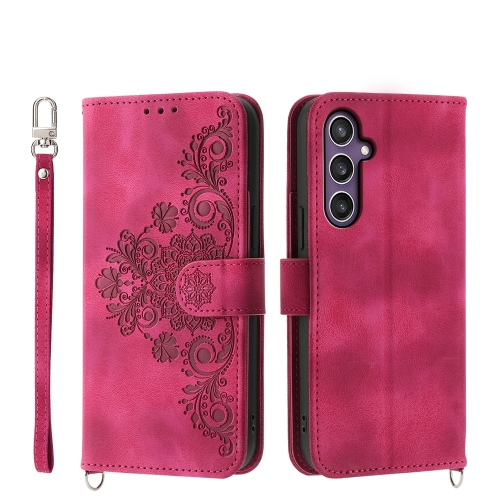 

For Samsung Galaxy S24 5G Skin-feel Flowers Embossed Wallet Leather Phone Case(Wine Red)