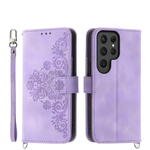 

For Samsung Galaxy S24 Ultra 5G Skin-feel Flowers Embossed Wallet Leather Phone Case(Purple)