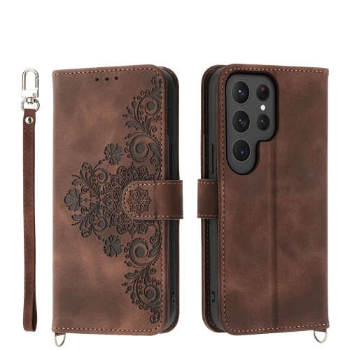 

For Samsung Galaxy S24 Ultra 5G Skin-feel Flowers Embossed Wallet Leather Phone Case(Brown)