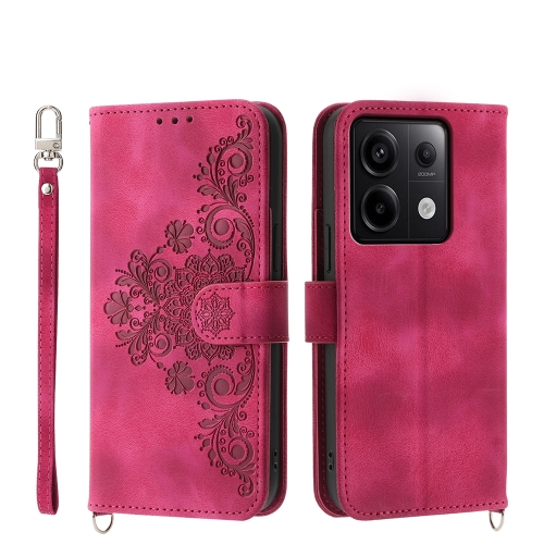 

For Xiaomi Redmi Note 13 Pro 5G Skin-feel Flowers Embossed Wallet Leather Phone Case(Wine Red)